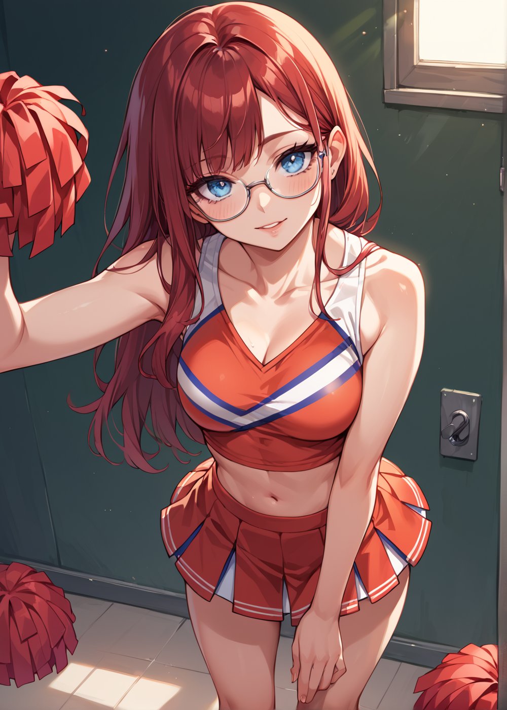 score_9_up, score_9, score_8_up, score_8, score_7, score_7_up, score_6_up, score_5_up, score_4_up, female, illustration, high contrast, low saturation, beautiful, cinematic, colourful lighting, dark red hair, red hair, glasses, petite, long hair, blue eyes, cheerleader, college, BREAK,source_anime,Beautiful eyes,Eyes, blue eyes,