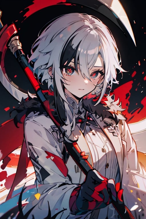 ((best quality)), ((masterpiece)), ((detailed)), female, long_hair, beautiful,  pale, regal, slender, petite, black gloves, hair between eyes, x-shaped pupils, streaked hair, short hair,  jewelry, red pupils, fur-trimmed coat, white coat, wielding a scythe, blood magic, ((scythe)),