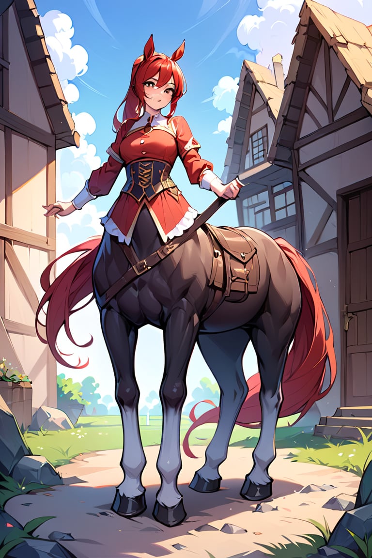 score_9_up, score_9, score_8_up, score_8, score_7, score_7_up, score_6_up, score_5_up, female, red hair, long_ponytail, shire horse, red hair, centaur, white hooves, black tail, ((black horse)), horse ears, mare, equine_prick,h0rs3_p3nis