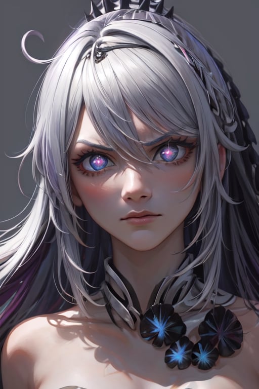 ((masterpiece)), ((best quality)), ((ultra high resolution)), realistic,kiana kaslana, white hair, long hair, wild hair, close_up, pissed_off. perfect eyes, perfect face, kiana kaslana, purple pupils,