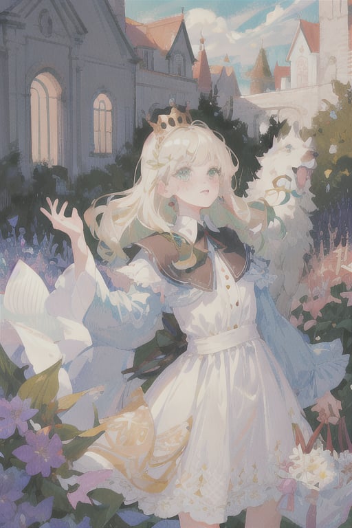 manga, anime, illustration, digital art, (masterpiece, best quality:1.2), (ultra detailed),(illustration), wallpaper, original, female, Green eyes, Wavy hair, Platinum Blonde hair, regal, queen, dress, medieval, high cheekbones, small nose, pale skin, freckles, garden, pastel