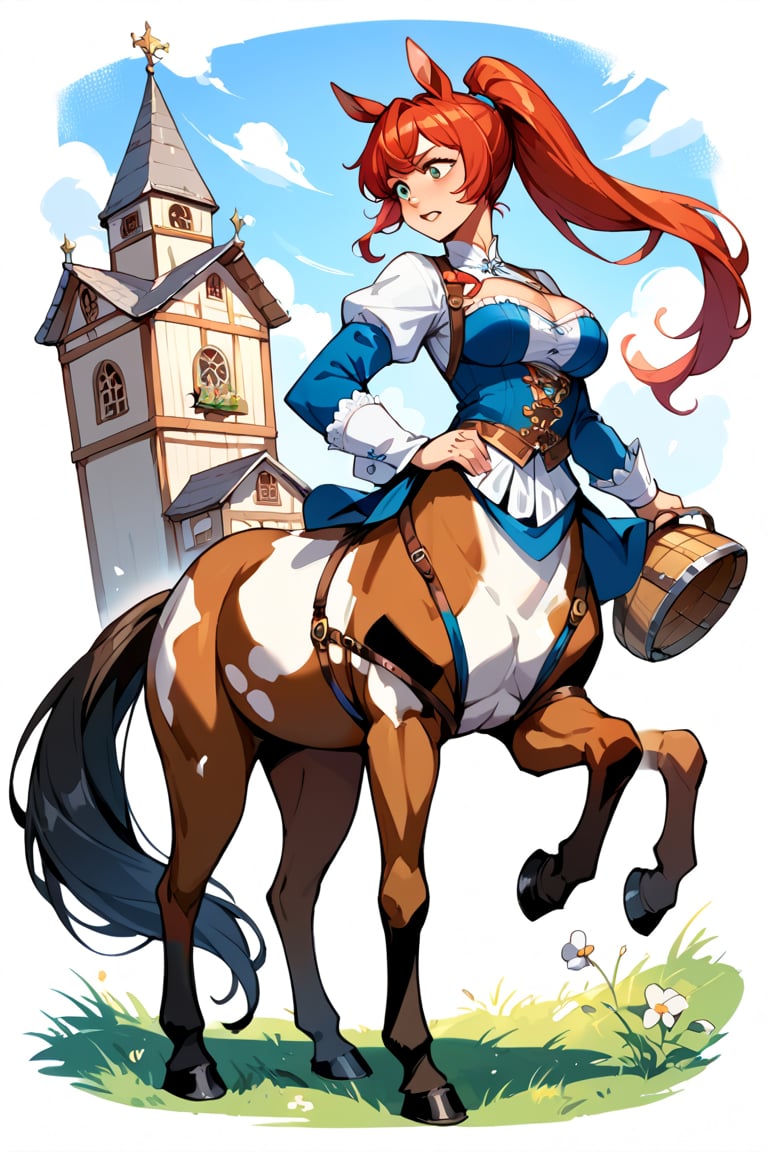 score_9_up, score_9, score_8_up, score_8, score_7, score_7_up, score_6_up, score_5_up, score_4_up, female, red hair, long_ponytail, shire horse breed, large horse, red hair, centaur, Centaur, white feet, large feet, black tail, ((black horse)), medieval, horse ears, wild,BREAK,source_anime