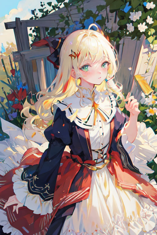 manga, anime, illustration, digital art, (masterpiece, best quality:1.2), (ultra detailed),(illustration), wallpaper, original, female, Green eyes, Wavy hair, Platinum Blonde hair, regal, queen, dress, medieval, high cheekbones, small nose, pale skin, freckles, garden,