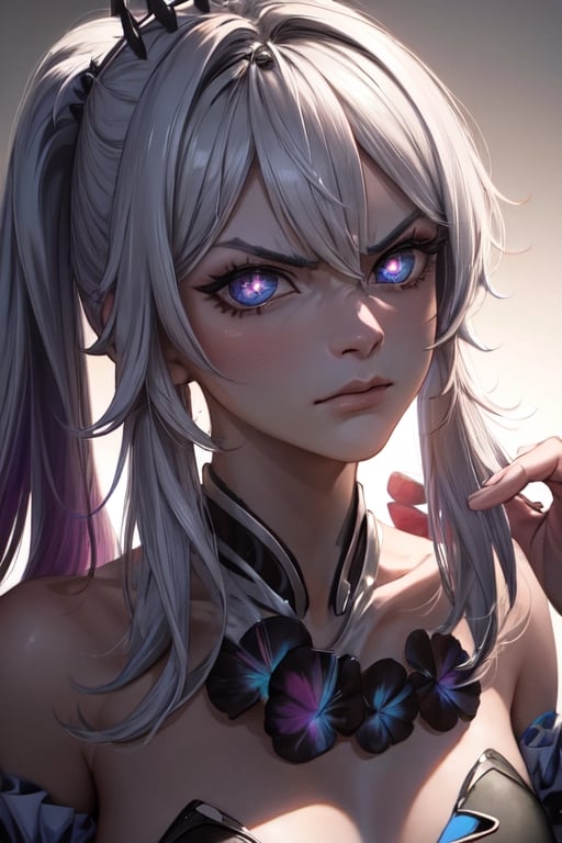 ((masterpiece)), ((best quality)), ((ultra high resolution)), realistic,kiana kaslana, white hair, long hair, wild hair, close_up, pissed_off. perfect eyes, perfect face, kiana kaslana, purple pupils,