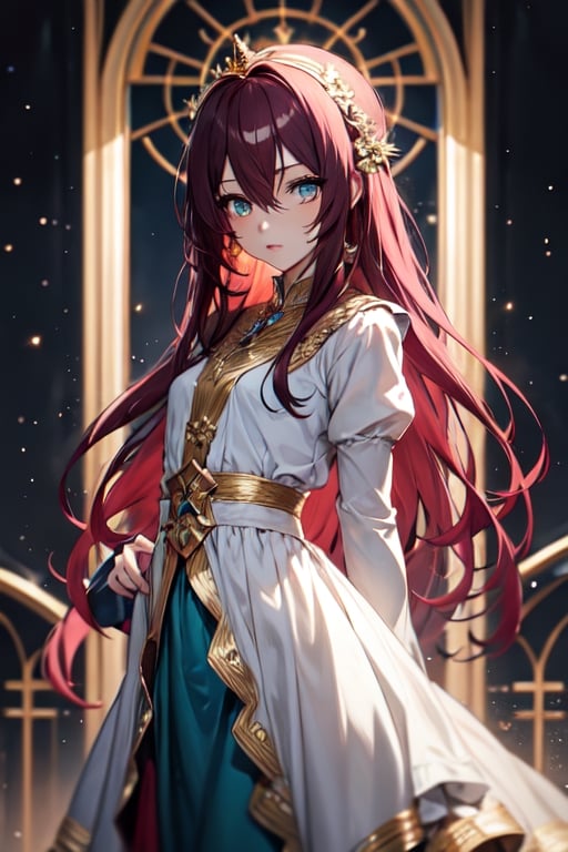 a beautiful female anime character with tangled deep red hair, white and gold princess dress, fantasy, medieval,,1girl, solo, long hair, dress, looking at viewer, shy, quiet, dark burgundy hair, long sleeves, hair between eyes, hair intakes, bangs, Teal eyes, loli, preteen, fantasy art style, Neglected, Abused,midjourney