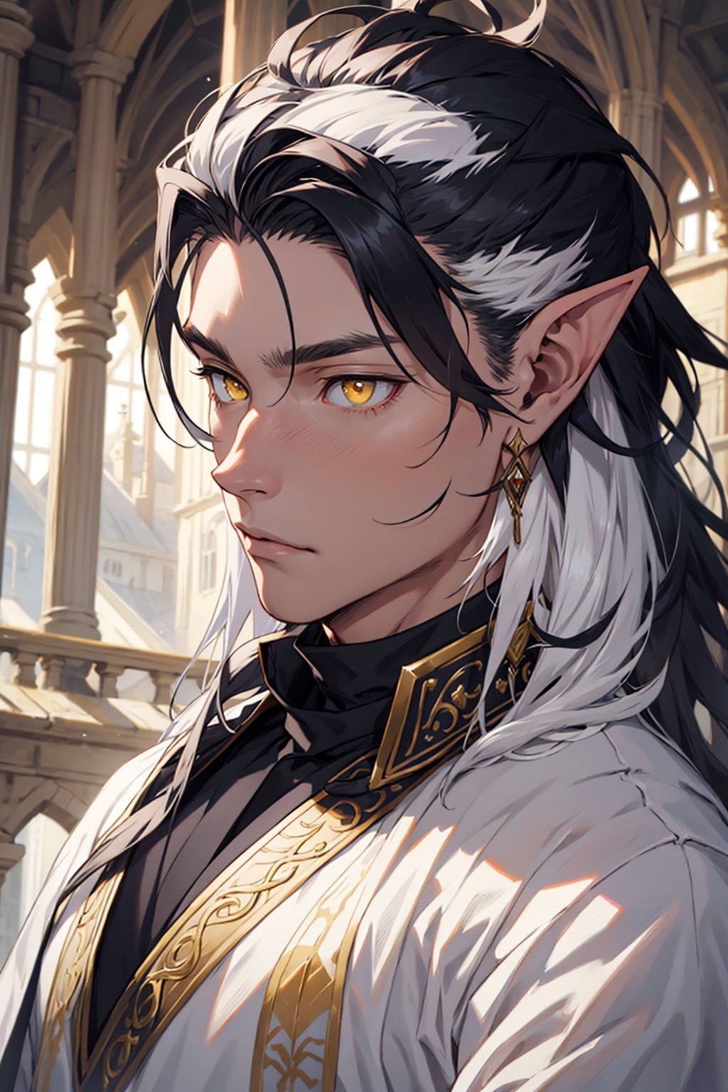 ((best quality)), ((masterpiece)), ((detailed)), long hair, black hair with white streaks, white streakd hair, streaked_hair, pointed_ears, male, king, regal, multicolored_hair, elf_(species), yellow eyes, medieval, fantasy, pale, smooth skin,