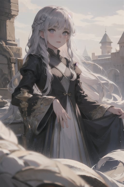 (beauty girl), (ultra-high picture quality), (masterpiece, best quality, highres:1.3), ultra resolution image, (1girl), (solo), female, Game of Thrones, purple eyes, silver-gold hair, flowing gown in shades of blue and silver, slender, atheltic, delicate yet regal face with high cheekbones and a small nose,