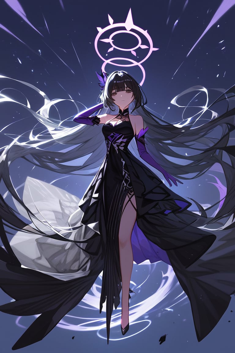 (score_9,score_8_up,score_7_up,score_6_up,score_5_up,score_4_up), detailed, anime, female, long hair, breasts, looking at viewer, bangs, black hair, dress, bare shoulders, very long hair, full body, elbow gloves, black dress, halo, large circle halo behind head, , floating, absurdly long hair, large circle behind her, halo, long hair, honkai (series), long gown, purple hands, floating above, black and white hair,