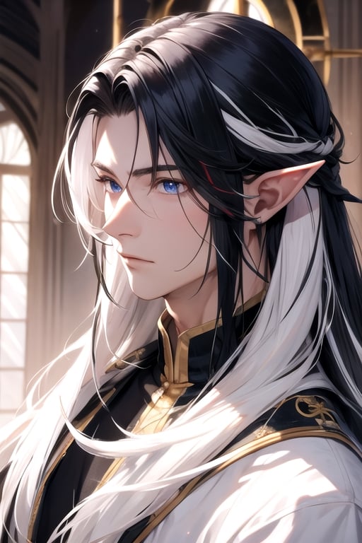 ((best quality)), ((masterpiece)), ((detailed)), long hair, black hair with white streaks, white streakd hair, streaked_hair, pointed_ears, male, king, regal, multicolored_hair, elf_(species),