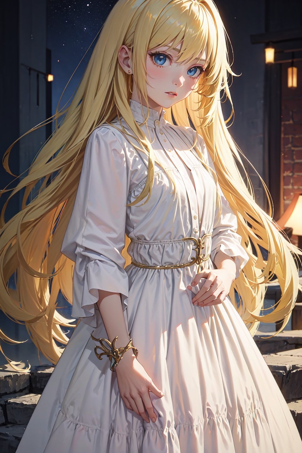 ((masterpiece)), ((ultra detailed)), (ultra quality), (very_high_resolution), realistic, golden blonde hair, blue eyes, pale skin, peasant, petite, dress, simple dress, 