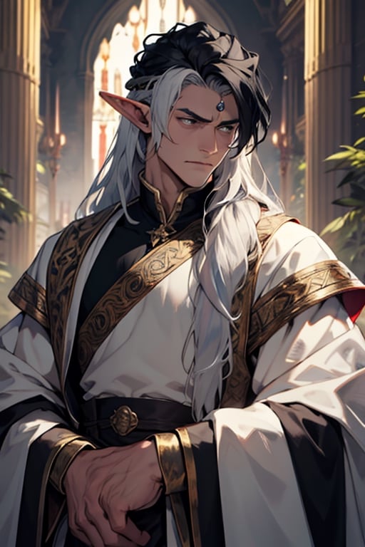 ((best quality)), ((masterpiece)), ((detailed)), long hair, black hair, silver streakes in hair, multicolor_hair, elf_(species), male, tall, king, regal, stoic expression, white streaked hair,