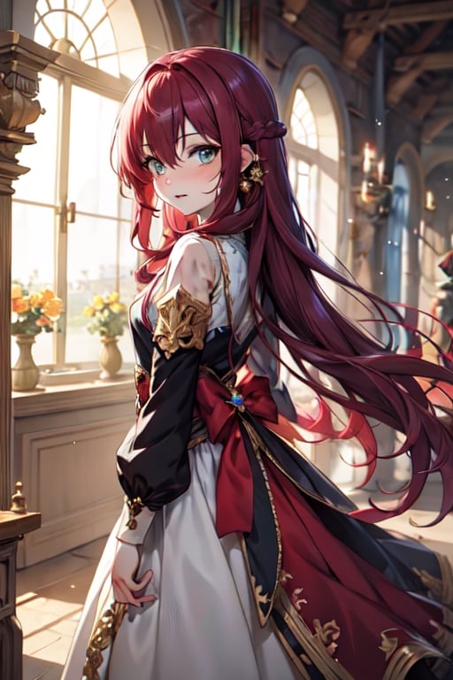 (best quality:1.1), (masterpiece:1.4), a beautiful female anime character with tangled deep red hair, white and gold princess dress, fantasy, medieval,,1girl, solo, long hair, dress, looking at viewer, shy, quiet, dark burgundy hair, long sleeves, hair between eyes, hair intakes, bangs, Teal eyes, loli, preteen, fantasy art style, Neglected, Abused,midjourney, cuteloli