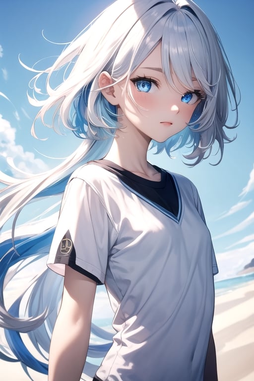 (masterpiece, best quality), (detailed), pale skin, white hair with blue streaks, female, slender, petite, modern, ((blue eyes, bi-colored_eyes)), t-shirt, college, heterochromia, long hair, 