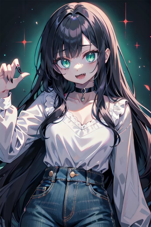 manga, anime, illustration, digital art, background, (masterpiece, best quality), female, emerald green eyes, black hair, long hair, (vampire), college student, slender figure, jeans, white blouse, silver choker, fangs, 