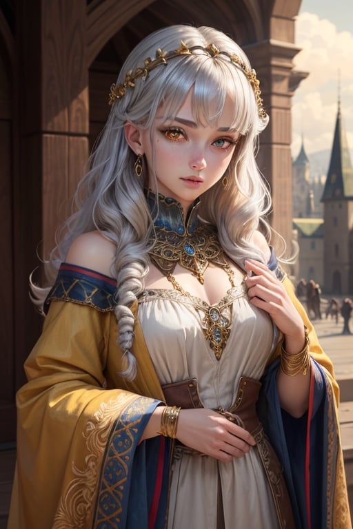 ((masterpiece)), ((ultra detailed)), (ultra quality), (very_high_resolution), realistic, scenery, pale skin, circlet, jewelery, bangs, straigh curly hair, long_silver_hair, medieval style, ornate clothing, hair_accessories, golden yellow eyes, bright_pupils,