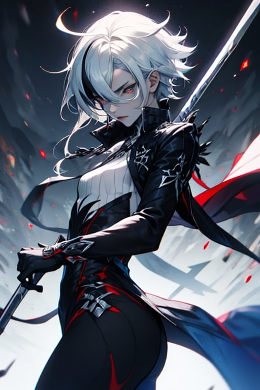 ((best quality)), ((masterpiece)), ((detailed)), female, long_hair, beautiful,  pale, regal, slender, petite, black gloves, hair between eyes,  x-shaped pupils, streaked hair, short hair, wielding a scythe, arlecchino,