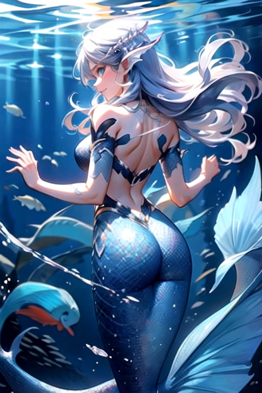 (manga, anime, illustration, digital art, masterpiece, best quality), female, slender, Great White Shark, Great White Shark Mermaid, dark blue hair, long and flowing hair that often getting tangled in seaweed and coral, piercing blue eyes, pale skin, body is covered in intricate swirling patterns of darker blue and white, great white shark skin, hips and legs merge into a shimmering tail with a powerful caudal fin and a series of dorsal fins running along her back, scales, scales on arms, fins, dorsal fins, mermaid,, ((dorsal fins along back)), mermaid