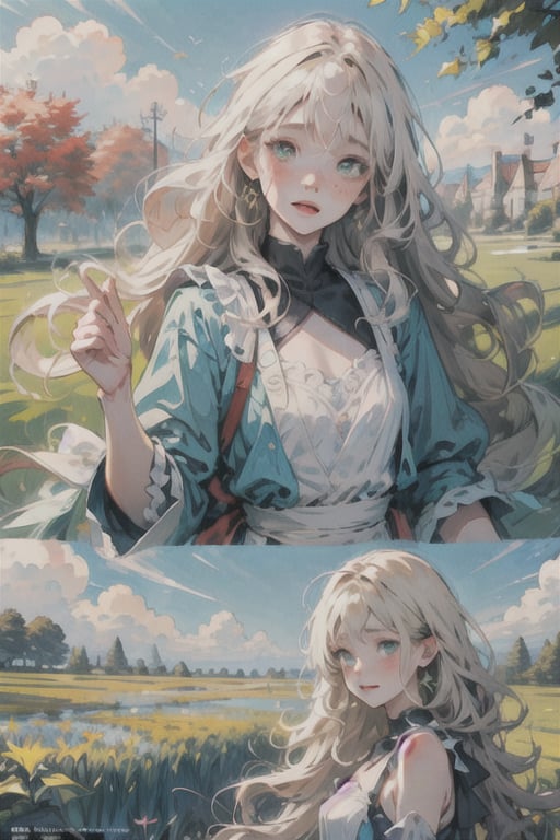 manga, anime, illustration, digital art, (masterpiece, best quality:1.2), (ultra detailed),(illustration), wallpaper, original, female, Green eyes, Wavy hair, Platinum Blonde hair, regal, queen, dress, medieval, high cheekbones, small nose, pale skin, freckles, garden, pastel