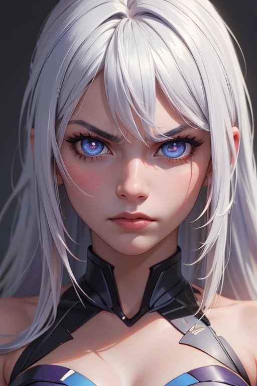 ((masterpiece)), ((best quality)), ((ultra high resolution)), realistic,kiana kaslana, white hair, long hair, wild hair, close_up, pissed_off. perfect eyes, perfect face, kiana kaslana, purple pupils,blue eyes