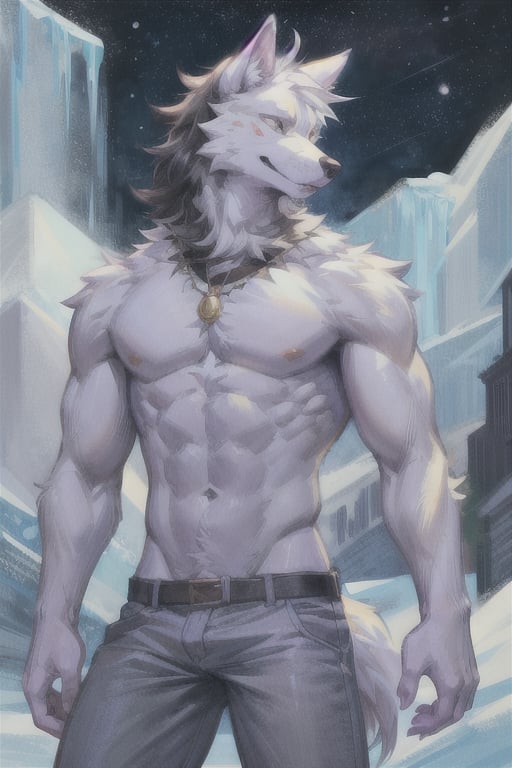 manga, anime, illustration, digital art, (masterpiece, best quality:1.2), (ultra detailed),(illustration), wallpaper, original, male, furry, tall, strong, anthro_wolf, ice_wolf_(species), lupine, college, modern day, anime_screencap, cartoon, slender, Furry male, white fur, wolf ears, black hair,