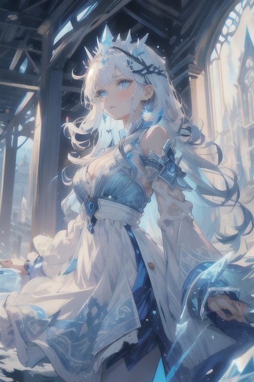 {{masterpiece}}, {{ultra detailed}}, {ultra quality}, {dramatic shadows}, {cinematic lighting}, intricate expression, ice princess, blue-white hair set in perfect princess curls. blue-white eyes, dress, athletic, button nose, slender, pale skin, creamy skin, C-cup, midjourney, icemagicAI