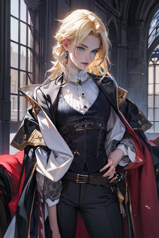 (masterpiece, best quality, highres:1.3), ultra resolution image, (female), medieval, blonde hair, blue eyes, sharp eyes, pale skin, medieval, slender, pants, tailcoat, brooch, royalty, arrogant poise, fantasy, realistic,