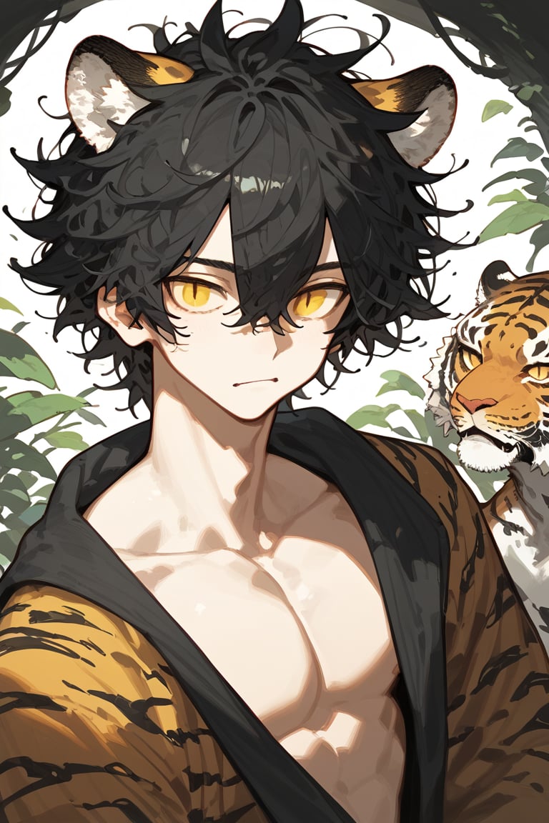 score_9_up, score_9, score_8_up, score_8, score_7, score_7_up, score_6_up, score_5_up, score_4_up, male, illustration, tiger ears, tiger tail, lean, messy hair, black hair, white skin,  slit pupils, yellow eyes,
