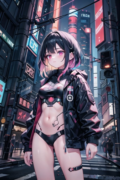 artoon, anime, illustration, digital art, background, (masterpiece, best quality), background, female, cyberpunk, black hair, multicolored_hair, augmented_body, cybernetics, lone female in a cyberpunk city, jacket, cyborg,robotskin