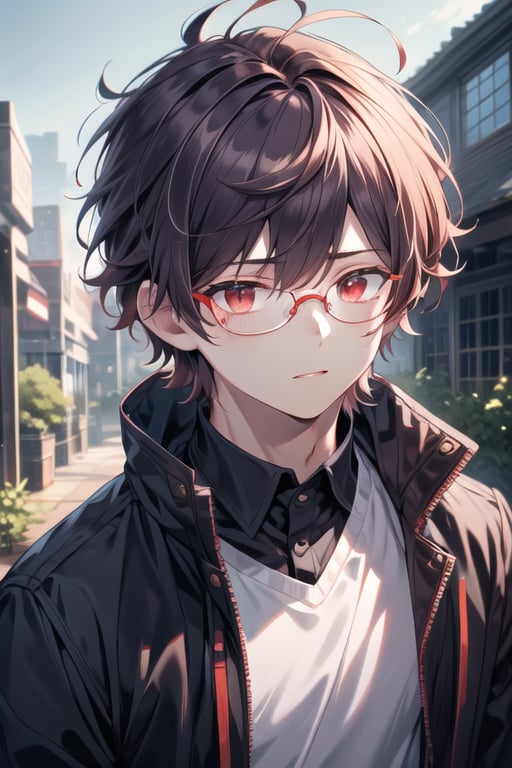  masterpiece, best quality, high quality, highres, official art, extremely detailed, ultra detailed, absurdres, detailed eyes, ((male, 1boy)), dark red hair, school, anime, slender, red eyes, scenery, background, glasses, messy hair with bangs, portrait, school_uniform,