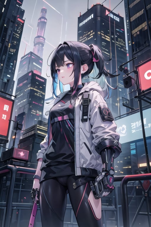 artoon, anime, illustration, digital art, background, (masterpiece, best quality), background, female, cyberpunk, black hair, multicolored_hair, augmented_body, ((cybernetics)), lone female, slender female, jacket, cyborg,robotskin, Mechanical modifications, highly detailed, textured hair, bangs, leggings, port on her neck, (augmented_limb)