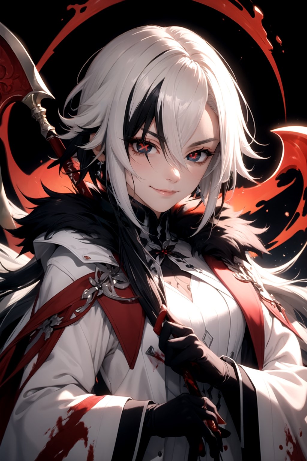 ((best quality)), ((masterpiece)), ((detailed)), female, long_hair, beautiful,  pale, regal, slender, petite, black gloves, hair between eyes, x-shaped pupils, streaked hair, short hair,  jewelry, red pupils, fur-trimmed coat, white coat, wielding a scythe, blood magic, 