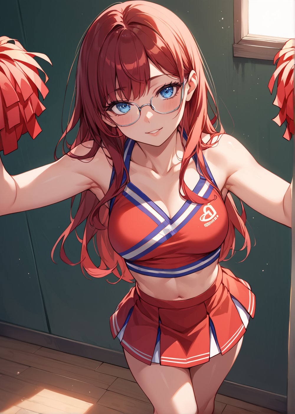 score_9_up, score_9, score_8_up, score_8, score_7, score_7_up, score_6_up, score_5_up, score_4_up, female, illustration, high contrast, low saturation, beautiful, cinematic, colourful lighting, dark red hair, red hair, glasses, petite, long hair, blue eyes, cheerleader, college, BREAK,source_anime,Beautiful eyes,Eyes, blue eyes,