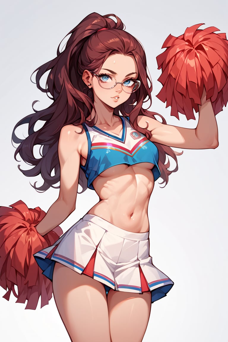 score_9_up, score_9, score_8_up, score_8, score_7, score_7_up, score_6_up, score_5_up, score_4_up, female, dark red hair, glasses, petite girl, long hair, blue eyes, cheerleader, hourglass figure, high-school,