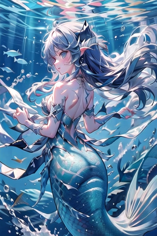 manga, anime, illustration, digital art,(masterpiece, best quality), female, slender, ((Great White Shark Mermaid)), Angular and strong face, high cheekbones, pointed chin, dark blue hair, long and flowing hair that often getting tangled in seaweed and coral, eyes are a piercing shade of blue, upper body of a human, pale skin, body is covered in intricate swirling patterns of darker blue and white that is reminiscent of a great white shark's skin, Her hips and legs merge into a shimmering tail that is powerful caudal fin and a series of dorsal fins running along her back, scales, scales on arms, fins, ((dorsal fins along back)), mermaid