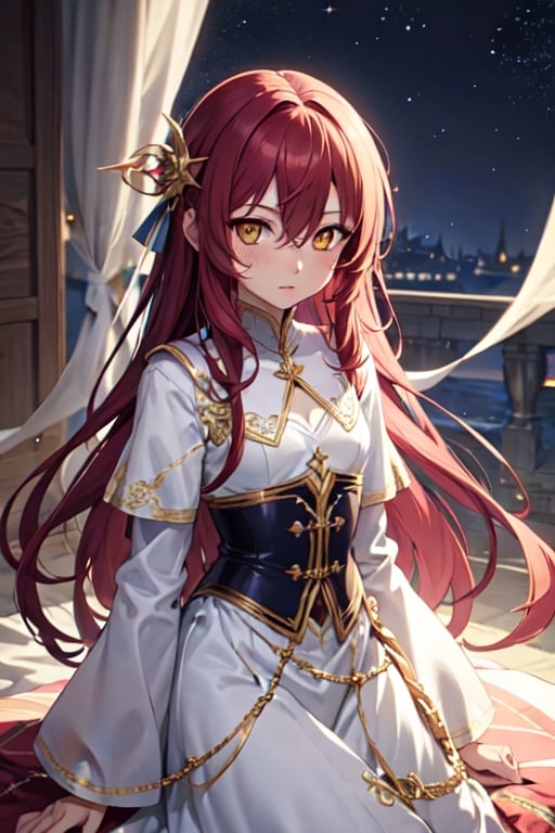 a beautiful female anime character with deep red hair, white and gold princess dress, fantasy, medieval,,1girl, solo, long hair, dress, looking at viewer, shy, quiet, dark burgendy hair, long sleeves, hair between eyes, hair intakes, bangs, yellow eyes, loli, preteen, fantast art style, chi fantasy, anime fantasy,