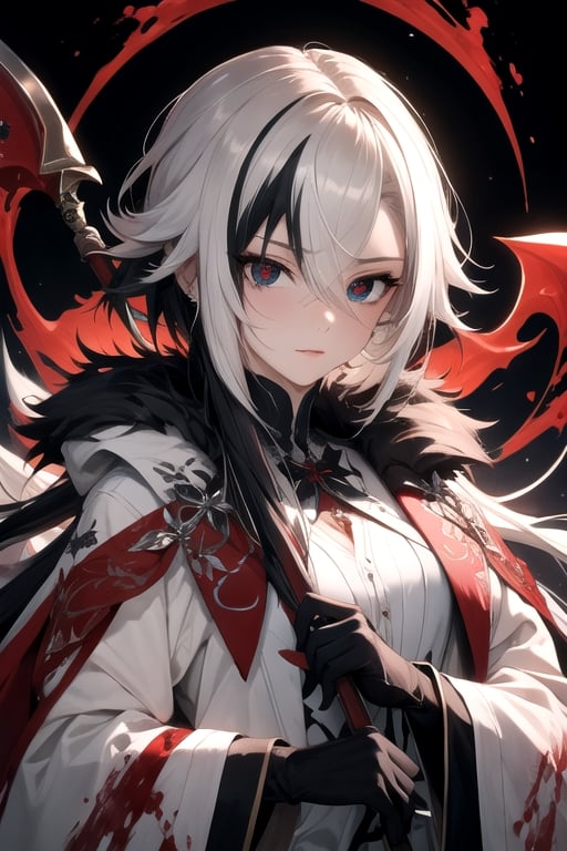 ((best quality)), ((masterpiece)), ((detailed)), female, long_hair, beautiful,  pale, regal, slender, petite, black gloves, hair between eyes, x-shaped pupils, streaked hair, short hair,  jewelry, red pupils, fur-trimmed coat, white coat, wielding a scythe, blood magic, 