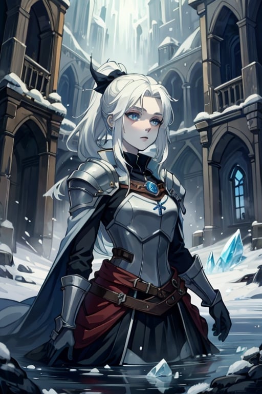 ((best quality)), ((masterpiece)), (detailed), scenery, pale skin, tomboy, (medieval), princess, ice, white hair, athletic, knight, long_ponytail, hourglass, ice magic, icemagicAI, 