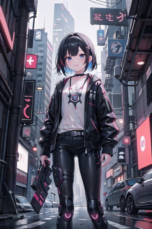 artoon, anime, illustration, digital art, background, (masterpiece, best quality), background, female, cyberpunk, black hair, multicolored_hair, augmented_body, cybernetics, lone female in a cyberpunk city, jacket, trousers,