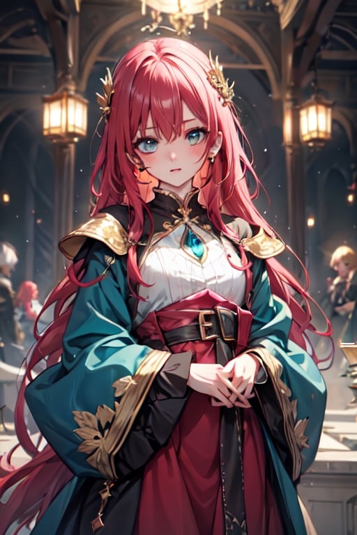 (best quality:1.1), (masterpiece:1.4), a beautiful female anime character with tangled deep red hair, white and gold princess dress, fantasy, medieval,,1girl, solo, long hair, dress, looking at viewer, shy, quiet, dark burgundy hair, long sleeves, hair between eyes, hair intakes, bangs, Teal eyes, loli, preteen, fantasy art style, Neglected, Abused,midjourney, cuteloli