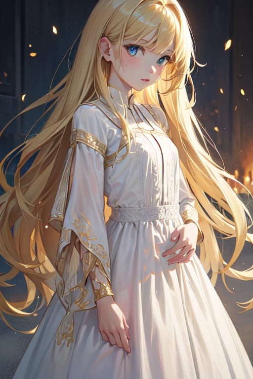 ((masterpiece)), ((ultra detailed)), (ultra quality), (very_high_resolution), realistic, golden blonde hair, blue eyes, pale skin, peasant, female from a poor family, petite, dress,