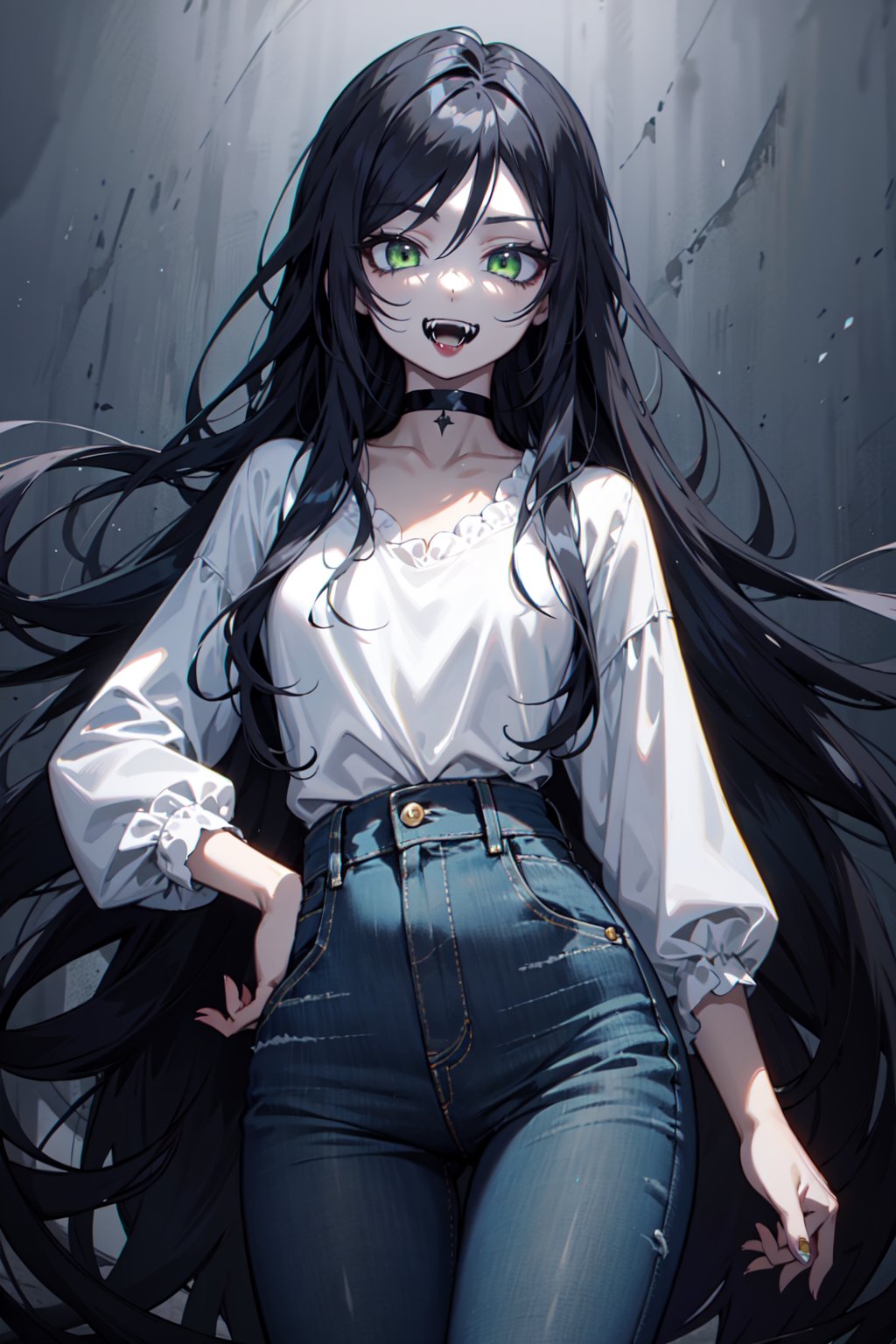 manga, anime, illustration, digital art, background, (masterpiece, best quality), female, emerald green eyes, black hair, long hair, (vampire), slender figure, jeans, white blouse, silver choker, ((fangs)), black lipstick, styled hair, flowing hair,