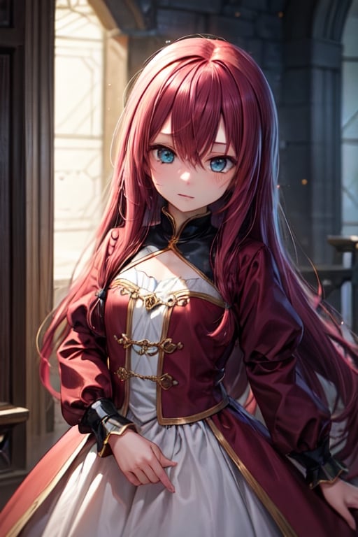 a beautiful female anime character with tangled deep red hair, white and gold princess dress, fantasy, medieval,,1girl, solo, long hair, dress, looking at viewer, shy, quiet, dark burgundy hair, long sleeves, hair between eyes, hair intakes, bangs, Teal eyes, loli, preteen, fantasy art style, 