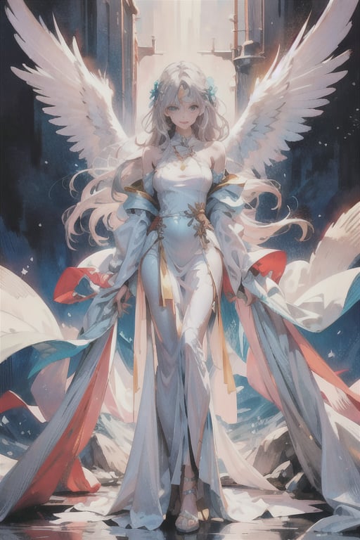 manga, anime, illustration, digital art, background, (masterpiece, best quality), female, wings, winged, silver hair, long flowing hair, slender figure, flowing white robes, turquoise eyes, long dress, 