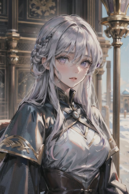 (beauty girl), (ultra-high picture quality), (masterpiece, best quality, highres:1.3), ultra resolution image, (1girl), (solo), female, Game of Thrones, ((purple eyes)), silver-gold hair, flowing gown, slender, atheltic, delicate yet regal face, high cheekbones, a small nose,