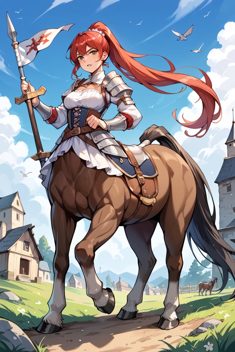 score_9_up, score_9, score_8_up, score_8, score_7, score_7_up, score_6_up, score_5_up, score_4_up, source_anime, BREAK, female, red hair, long_ponytail, shire horse breed, large horse, red hair, centaur, Centaur, white feet, large feet, battlehorse, black horse tail, ((black horse)), medieval,