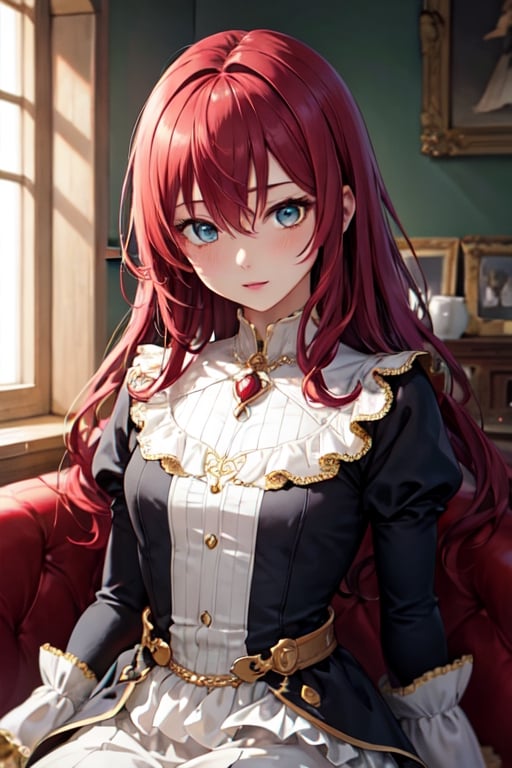 a beautiful female anime character with tangled deep red hair, white and gold princess dress, fantasy, medieval,,1girl, solo, long hair, dress, looking at viewer, shy, quiet, dark burgendy hair, long sleeves, hair between eyes, hair intakes, bangs, cyan eyes, loli, preteen, fantast art style, best quality, highres, ultra-detailed, realistic, portrait, vivid colors, warm tones, soft lighting.