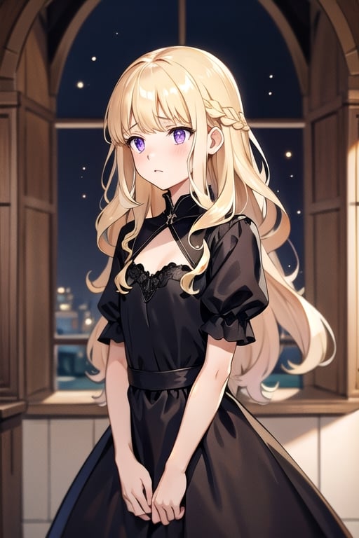 (masterpiece, best quality), (detailed), slender, purple eyes, long blonde hair, princess curls, medieval, royal, pretty, black dress, emotionless, sad, middle ages, small, cute,am3r1can girl