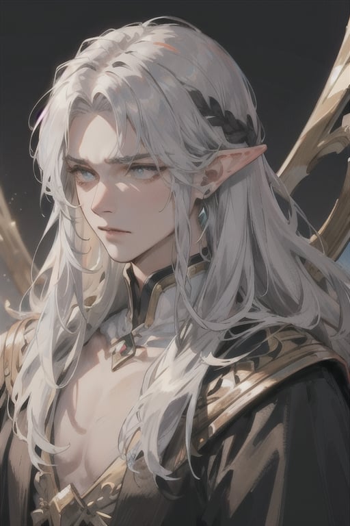 ((best quality)), ((masterpiece)), ((detailed)), long hair, black hair with silver streaks, multicolored_hair, elven_ears, male, tall, king, regal, stoic expression, 