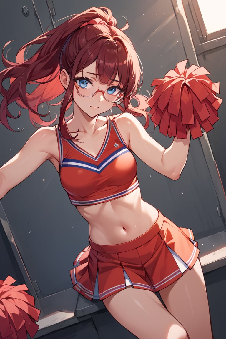 score_9_up, score_9, score_8_up, score_8, score_7, score_7_up, score_6_up, score_5_up, score_4_up, female, illustration, high contrast, low saturation, beautiful, cinematic, colourful lighting, dark red hair, red hair, glasses, petite, long hair, blue eyes, cheerleader, college, BREAK,source_anime