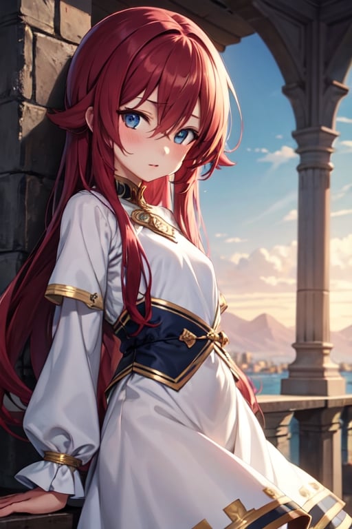 a beautiful female anime character with messy deep red hair, white and gold princess dress, fantasy, medieval,,1girl, solo, long hair, dress, looking at viewer, shy, quiet, dark burgendy hair, long sleeves, hair between eyes, hair intakes, bangs, cyan eyes, loli, preteen, fantasy art style, chi fantasy, anime fantasy